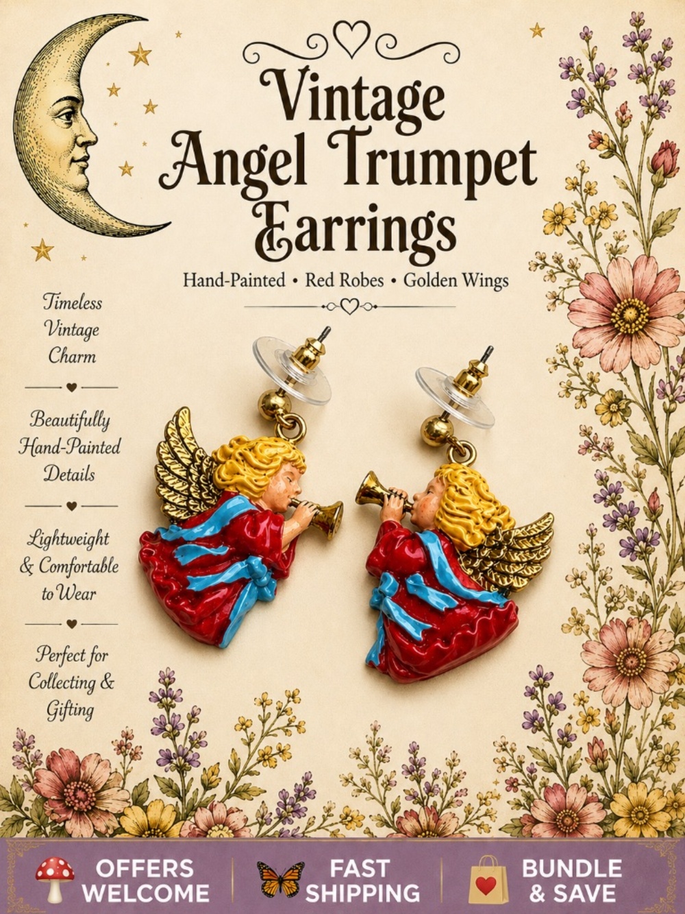 Vintage Angel Dangle Earrings Trumpet Cherubs Hand‑Painted Holiday Jewelry